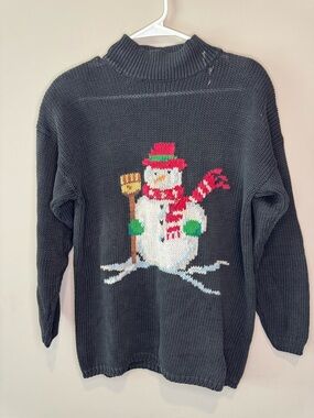 Vintage Talbots Snowman Christmas Sweater Gray Black Turtleneck Size Large